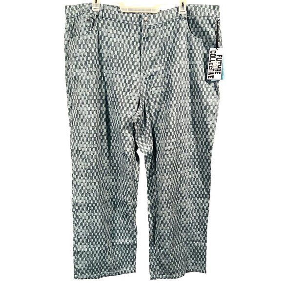 NEW Future Collective Womens Blue Plaid Denim Jeans Mid Rise Straight Leg 22 - Picture 1 of 3